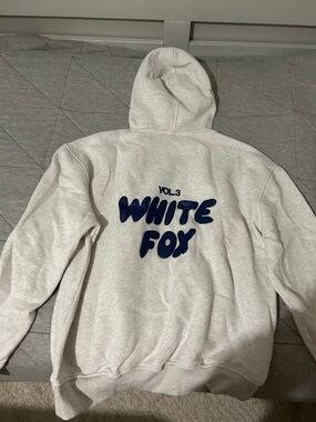 White Fox Vol.3 Light Gray Hoodie with Navy Text